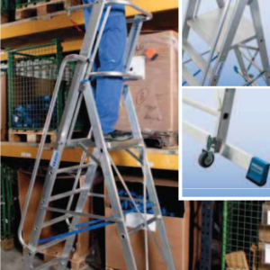 Professionele trapladder met toprail, veiligheidsketting, leuningen en groot platform